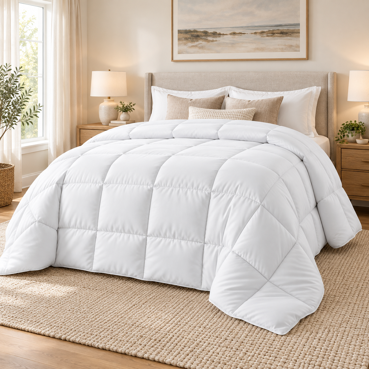 White quilted comforter duvet insert fully spread on a queen bed