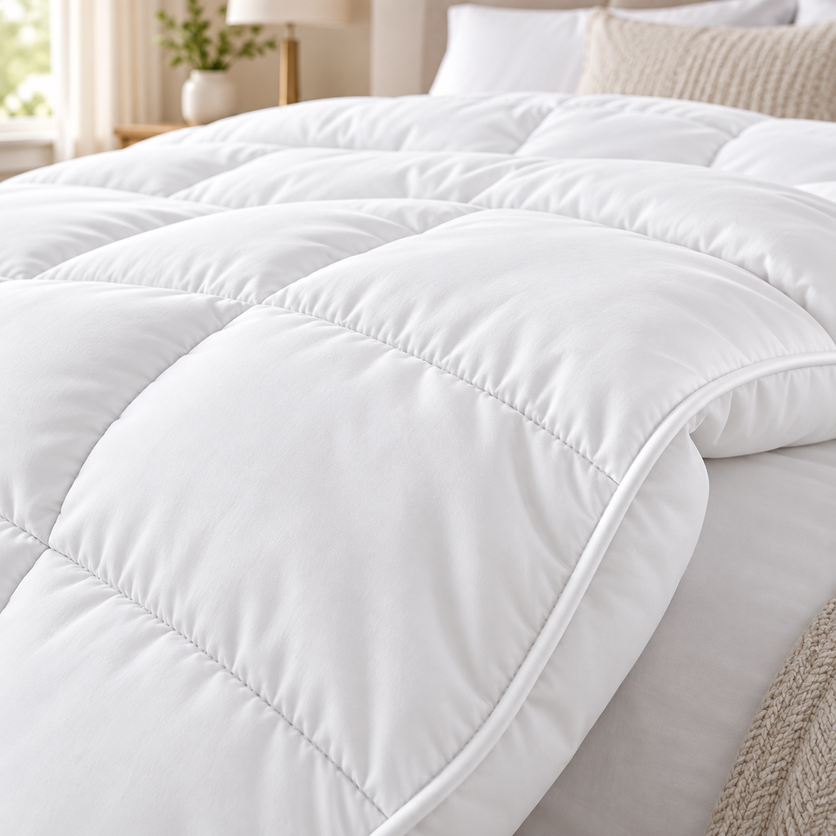 Close-up of white quilted comforter fabric, stitching and piped edge