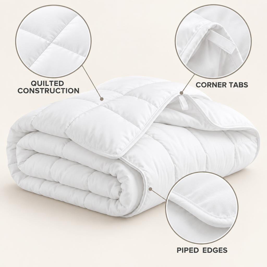 White comforter details showing quilted construction, corner tabs and piped edges