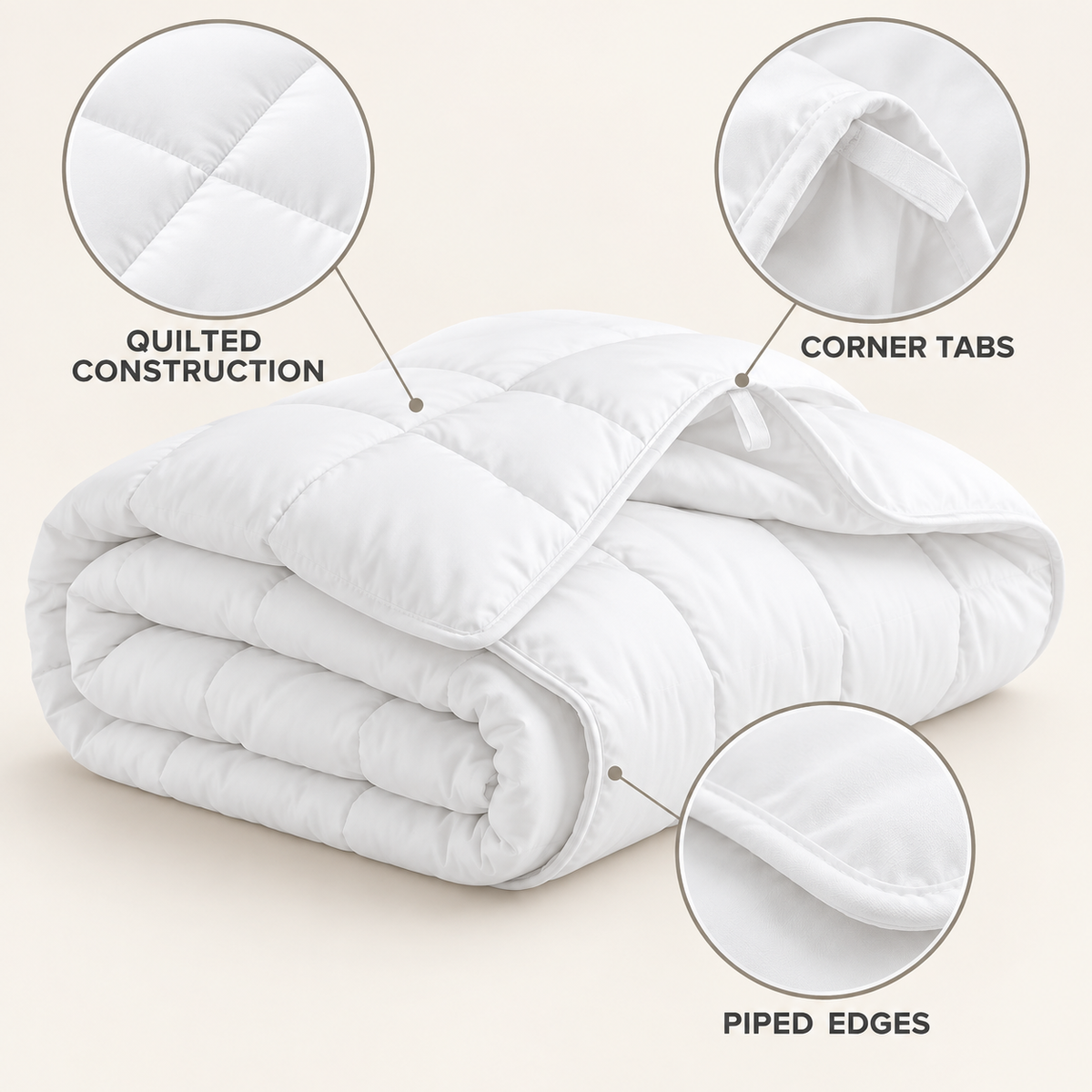 White comforter details showing quilted construction, corner tabs and piped edges