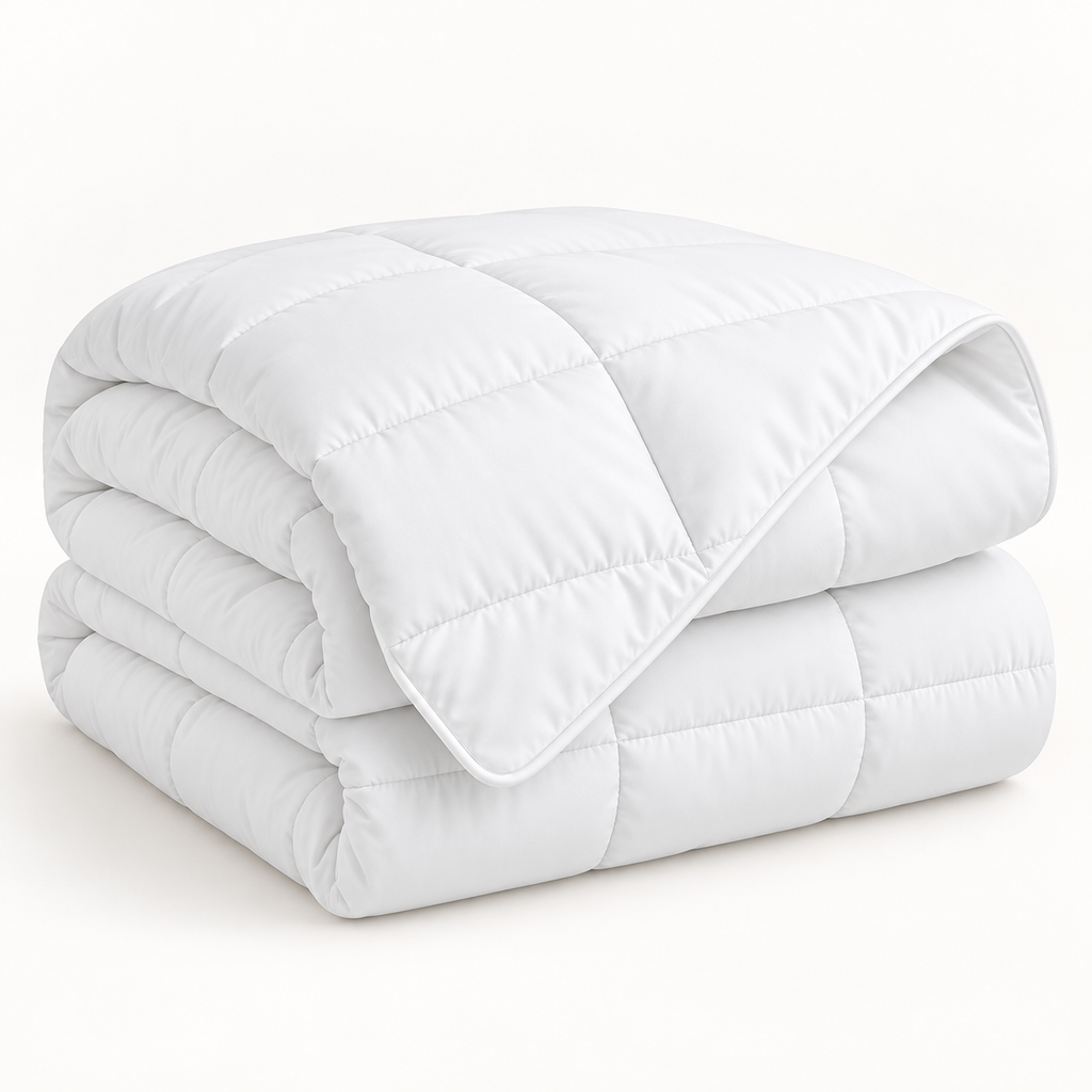 Folded white quilted comforter duvet insert with piped edges