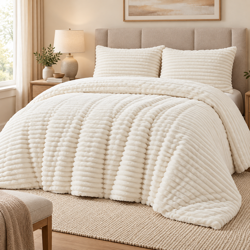 Cream white fleece comforter set styled on a queen bed