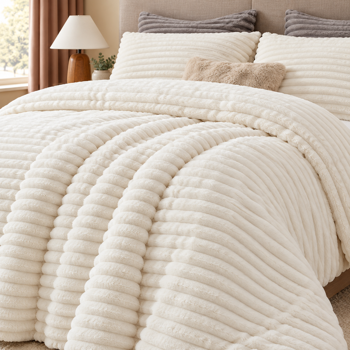 Raised stripe texture on a cream white fleece comforter