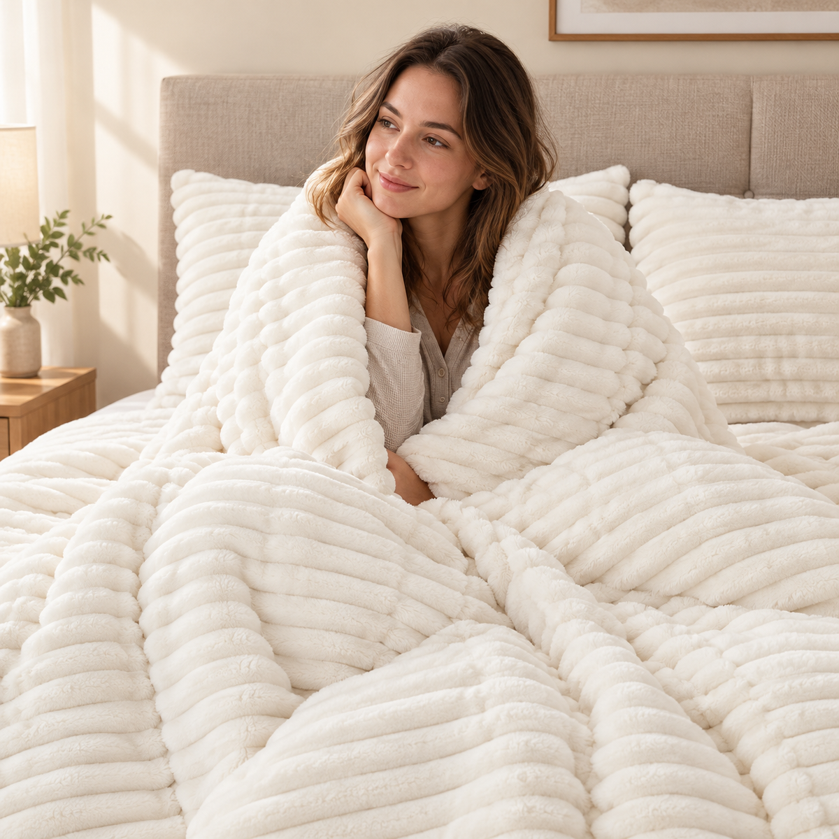 Woman wrapped in a soft cream white fleece comforter