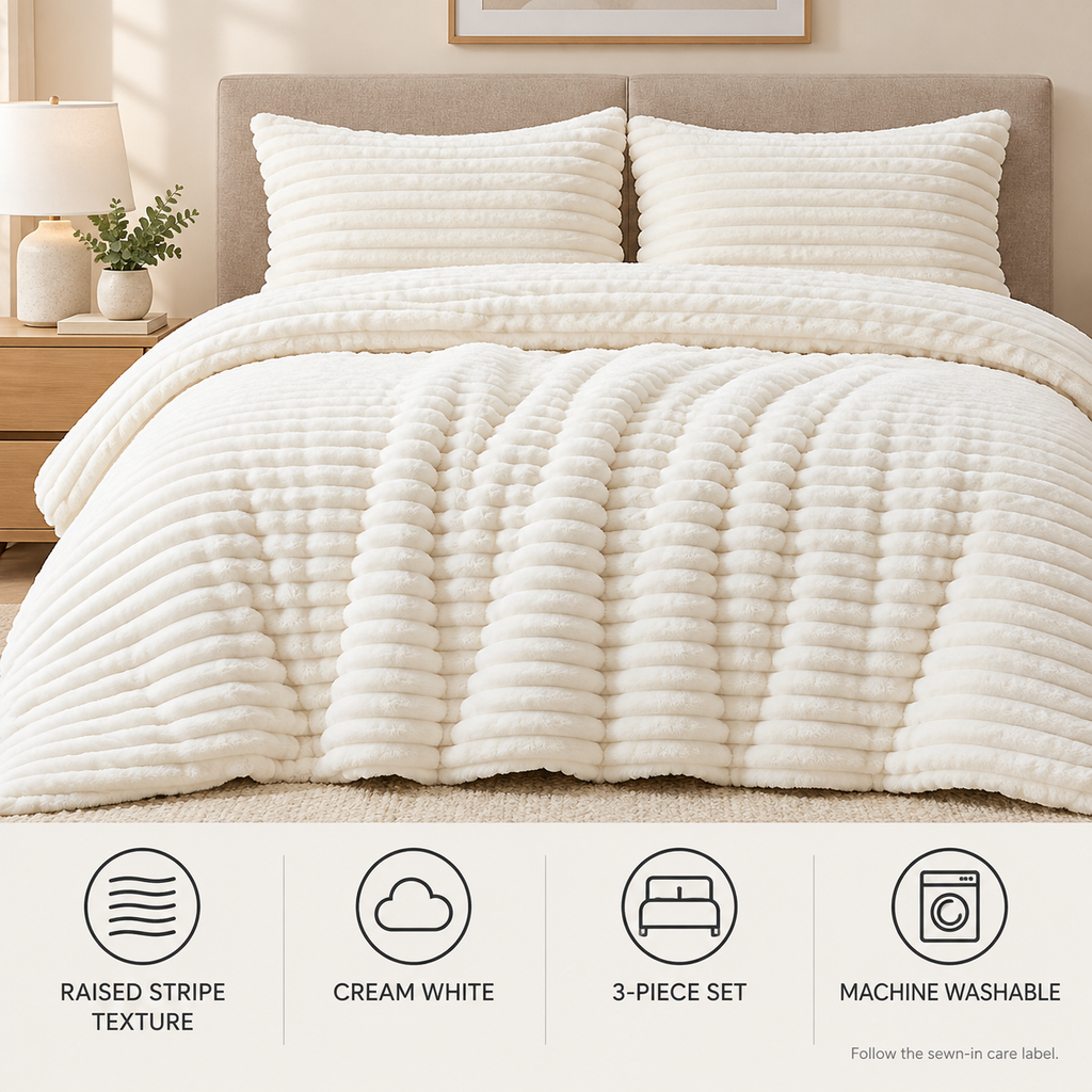 Features of the cream white raised stripe fleece comforter