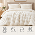 Features of the cream white raised stripe fleece comforter