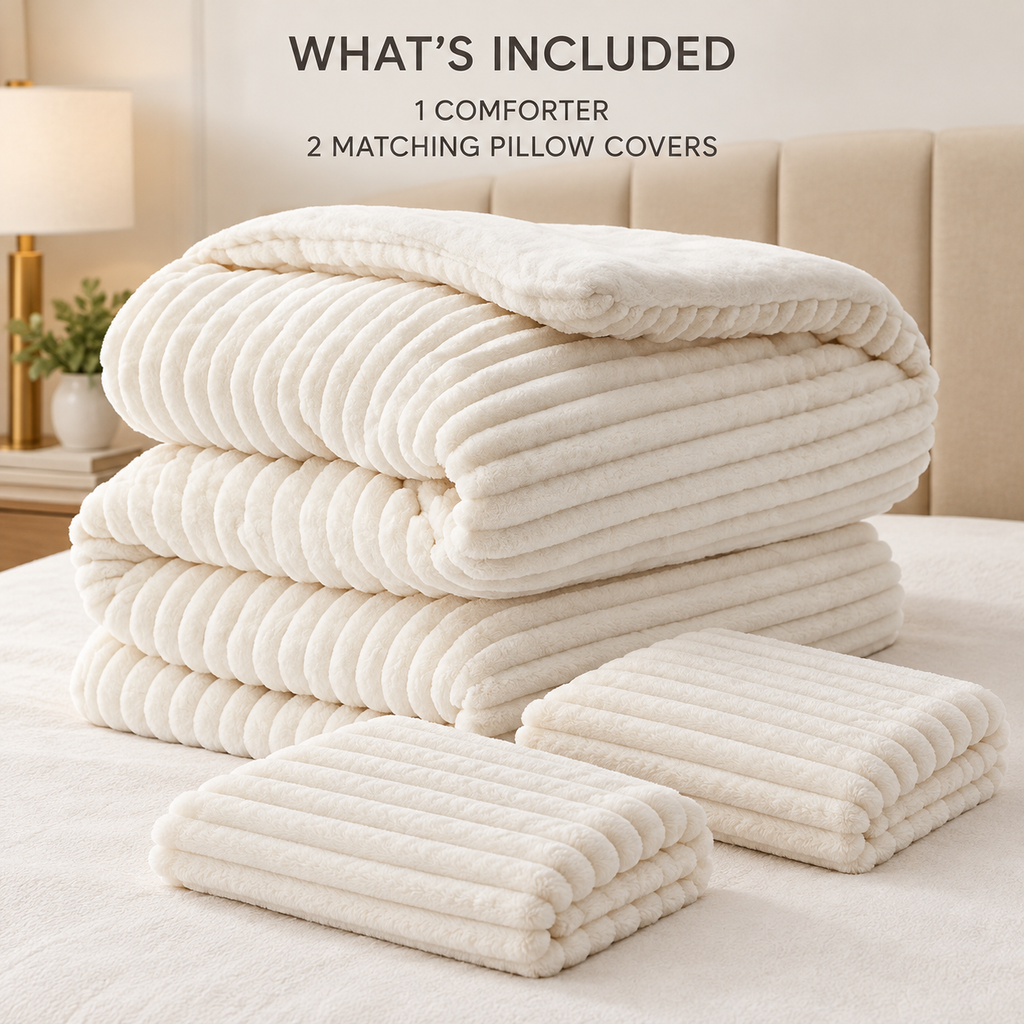 Cream white fleece comforter with two matching pillow covers