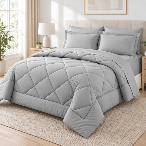 Light grey 7-piece comforter set with sheets styled on a complete queen bed