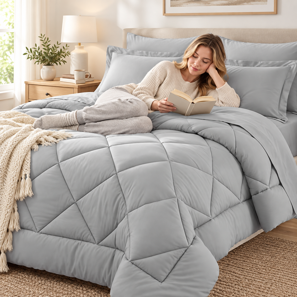 Woman reading on a bed with a light grey quilted comforter set