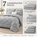 Light grey 7-piece queen comforter set with dimensions and included pieces