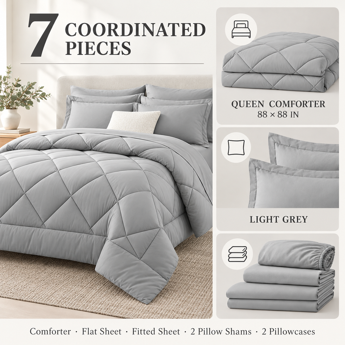 Light grey 7-piece queen comforter set with dimensions and included pieces