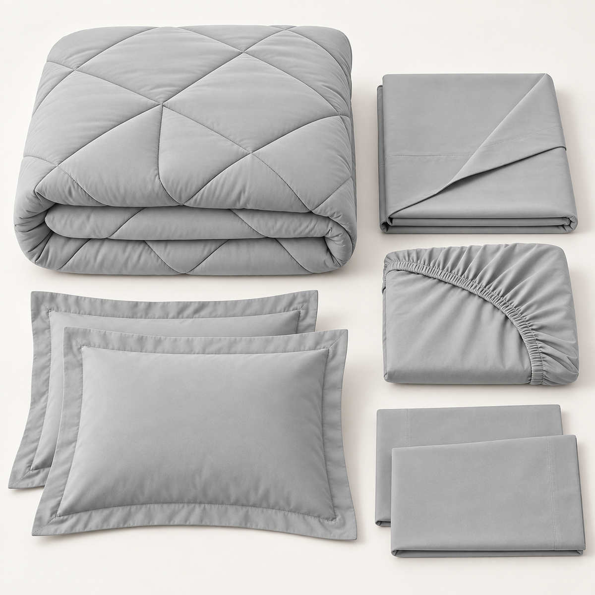 Folded light grey 7-piece bedding set with comforter sheets shams and pillowcases
