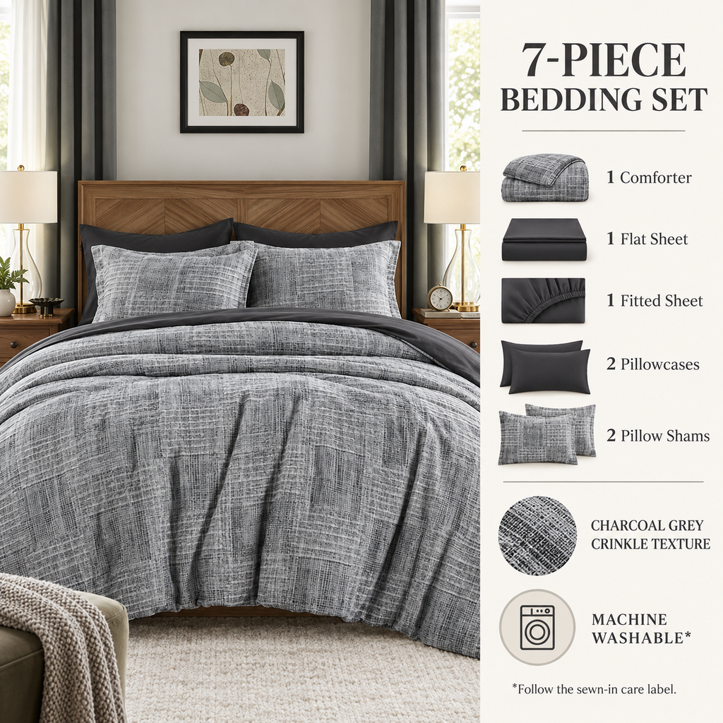 Charcoal grey 7-piece bedding set contents and machine-washable care information