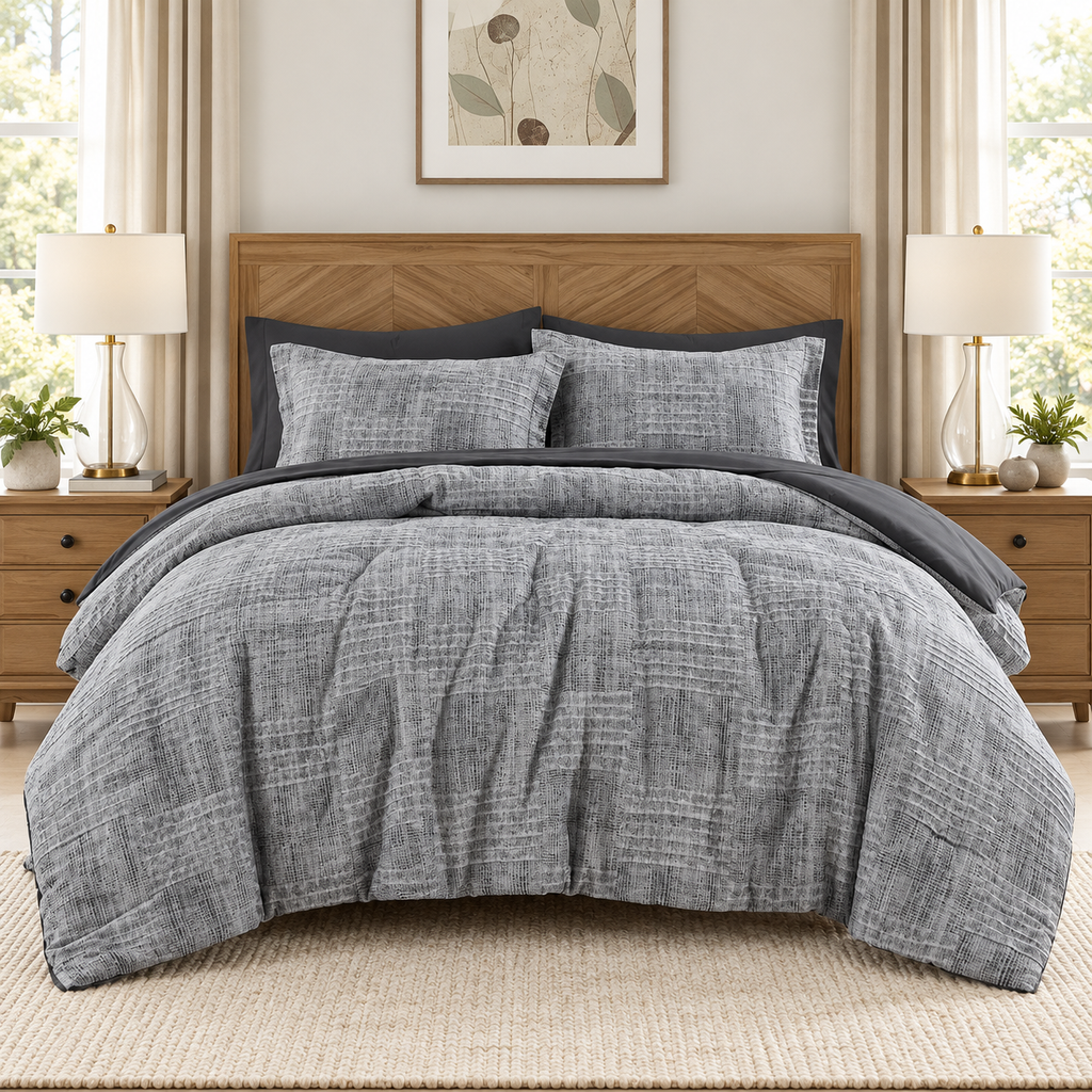 Charcoal grey 7-piece comforter set with sheets styled on a bed