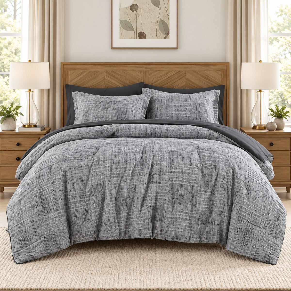 Charcoal grey 7-piece comforter set with sheets styled on a bed