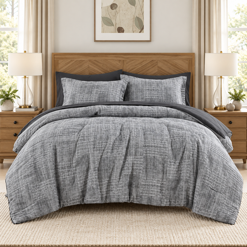 Charcoal grey 7-piece comforter set with sheets styled on a bed