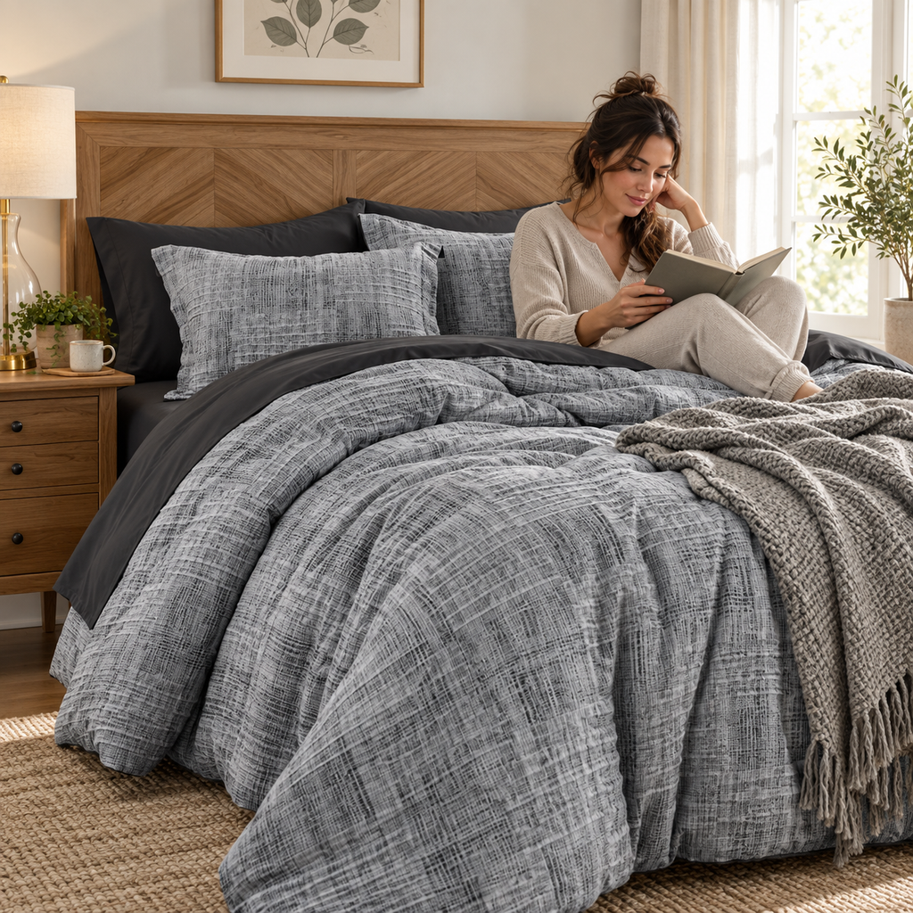 Woman reading in bed with charcoal grey 7-piece comforter set