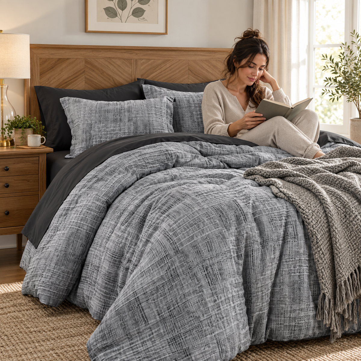 Woman reading in bed with charcoal grey 7-piece comforter set