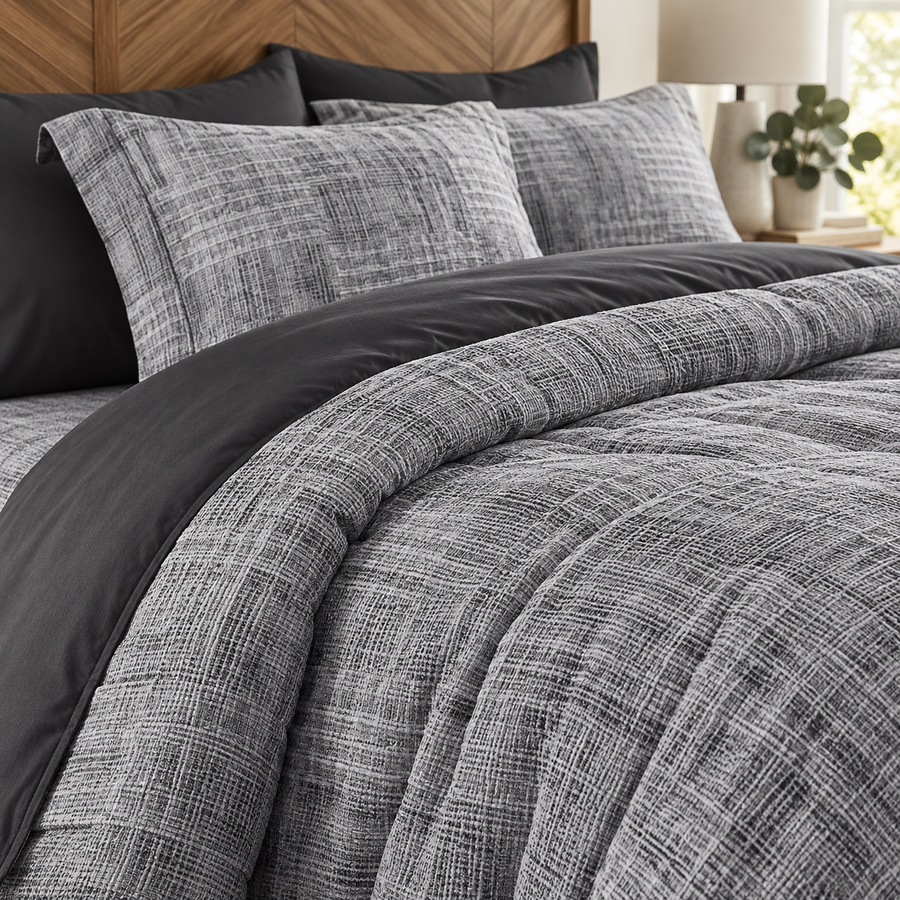 Close-up of charcoal grey crinkle textured comforter and matching pillow shams