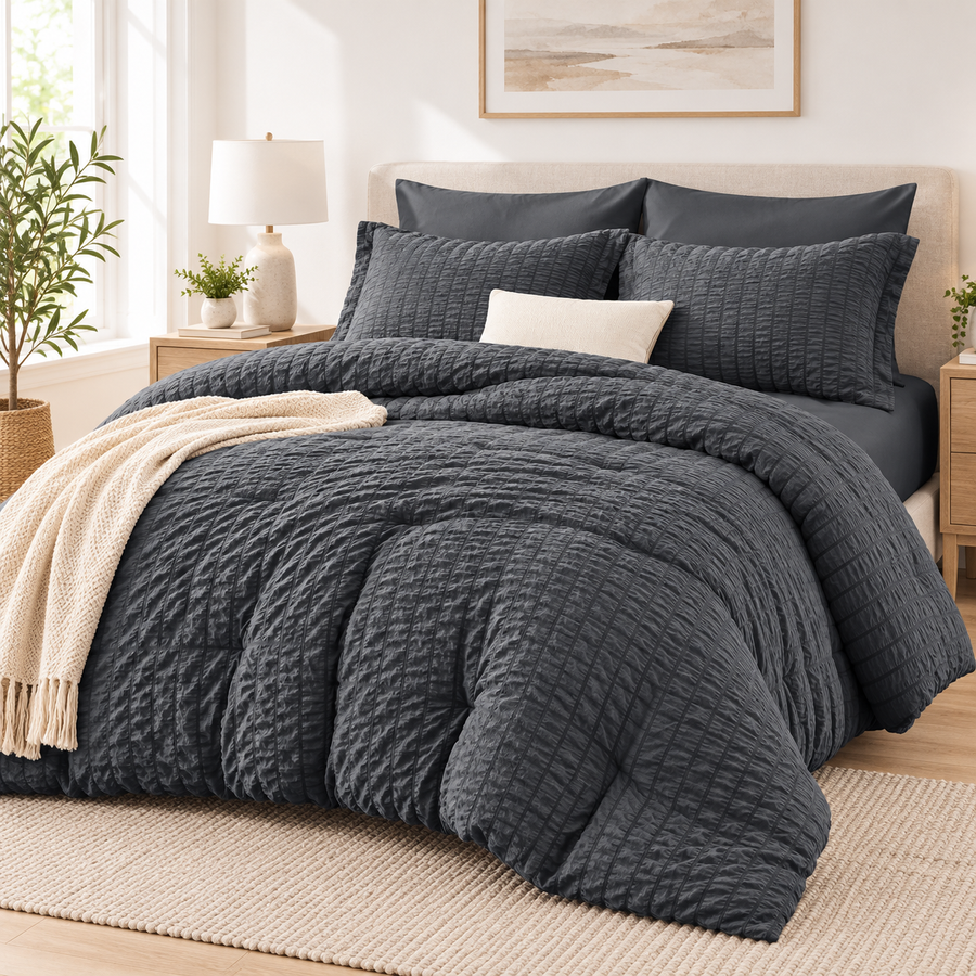 Dark gray seersucker comforter set with sheets styled on a complete bed