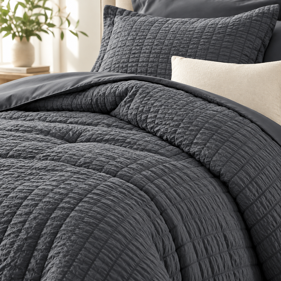Close-up of the dark gray seersucker comforter texture and matching pillow sham