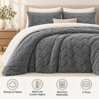 Grey sherpa and fleece comforter set with machine-washable features and five size options