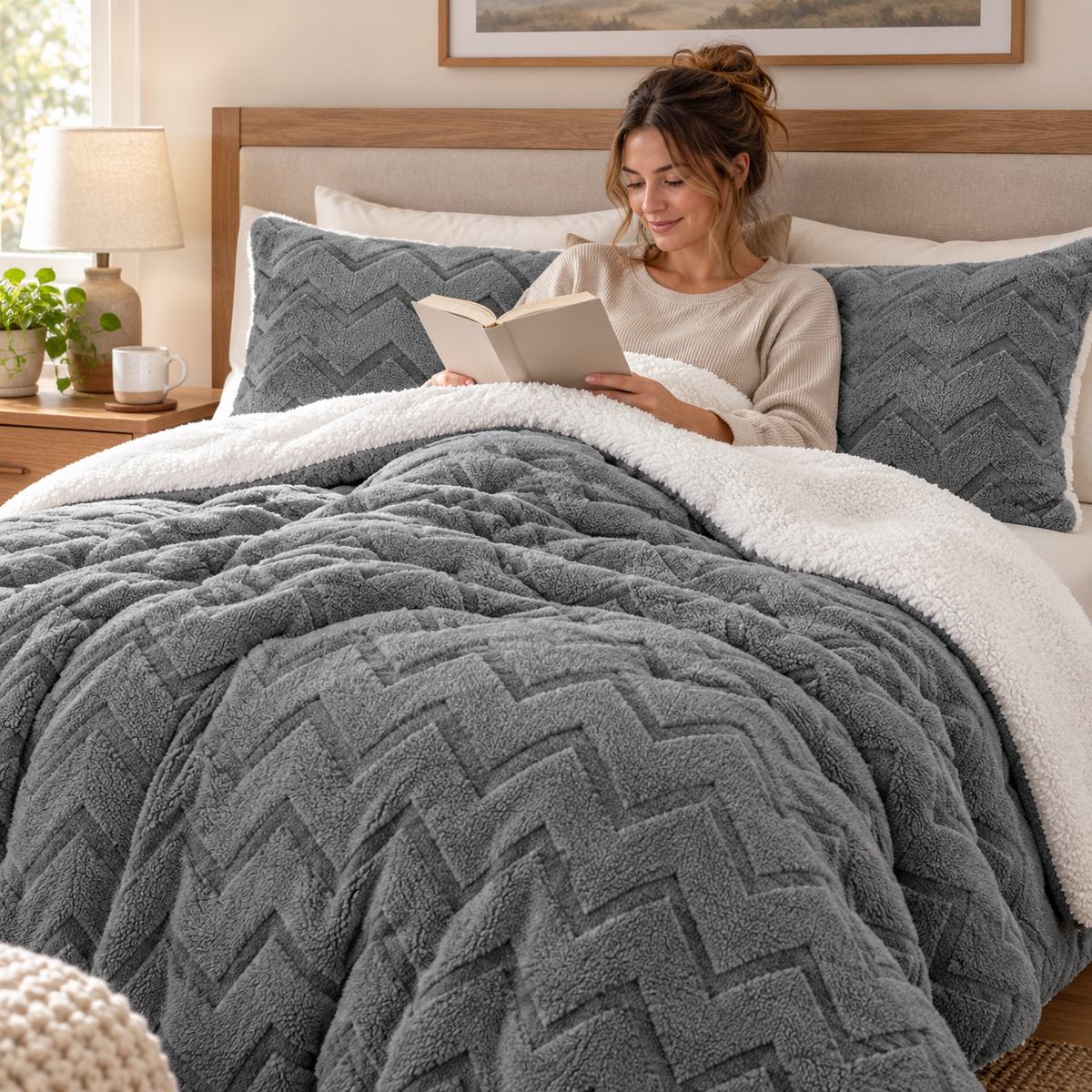 Woman reading in bed under a grey sherpa comforter set