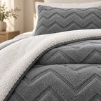 Close-up of grey fleece chevron texture and soft white sherpa comforter lining