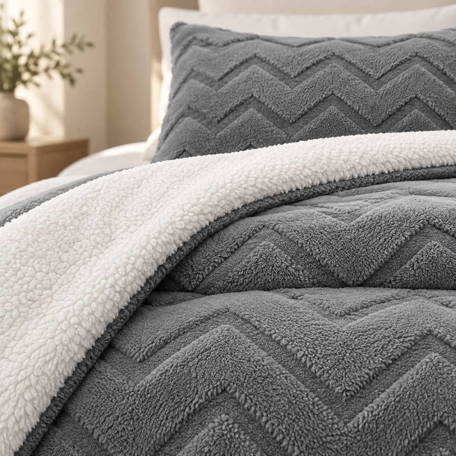 Close-up of grey fleece chevron texture and soft white sherpa comforter lining