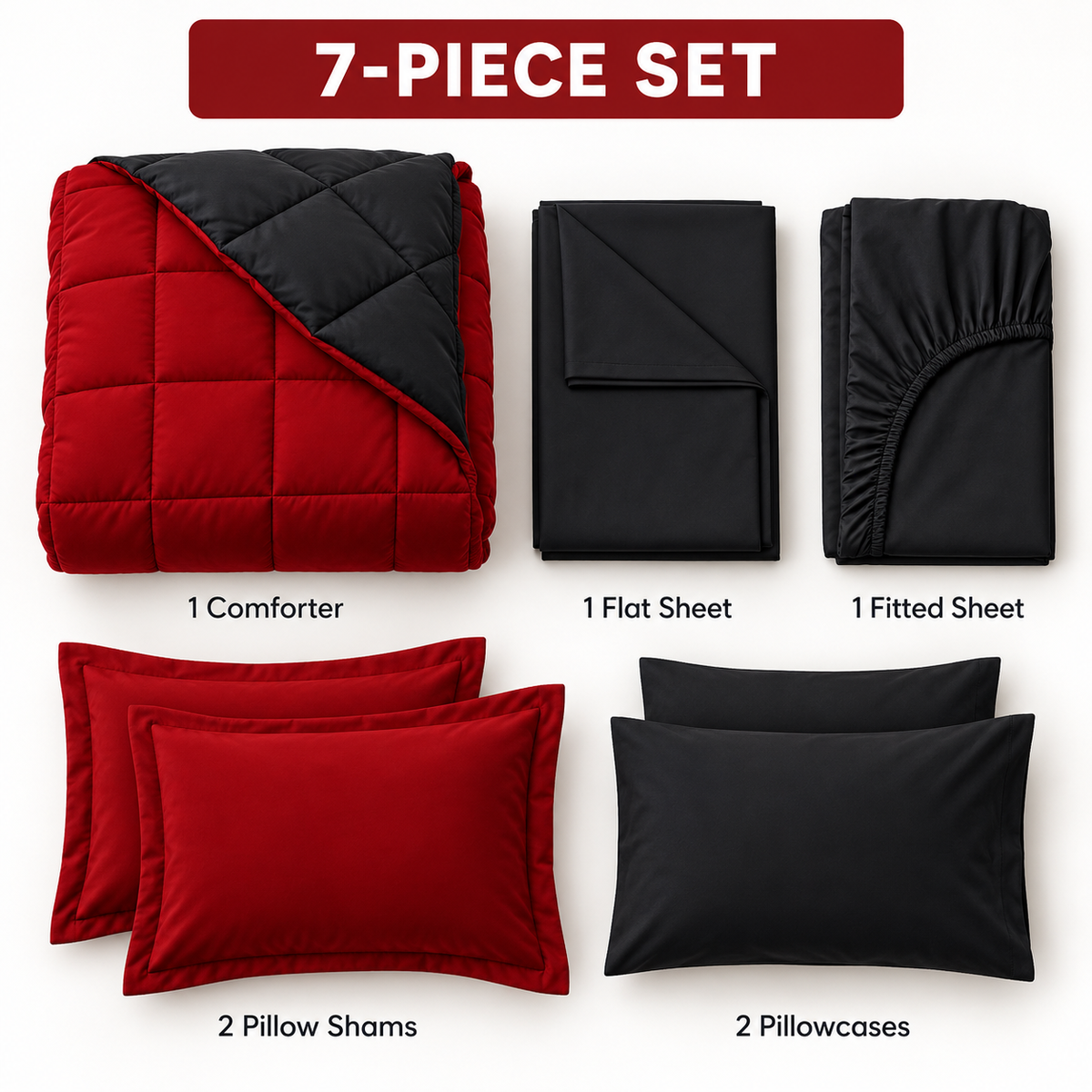 Seven-piece bedding set with comforter, fitted sheet, flat sheet, two shams and two pillowcases