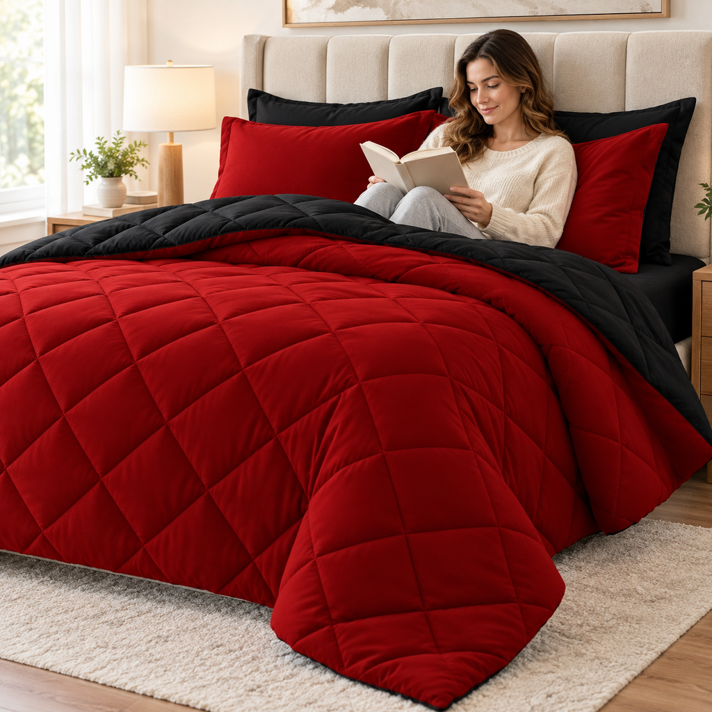 Woman reading in bed with a red and black reversible comforter set