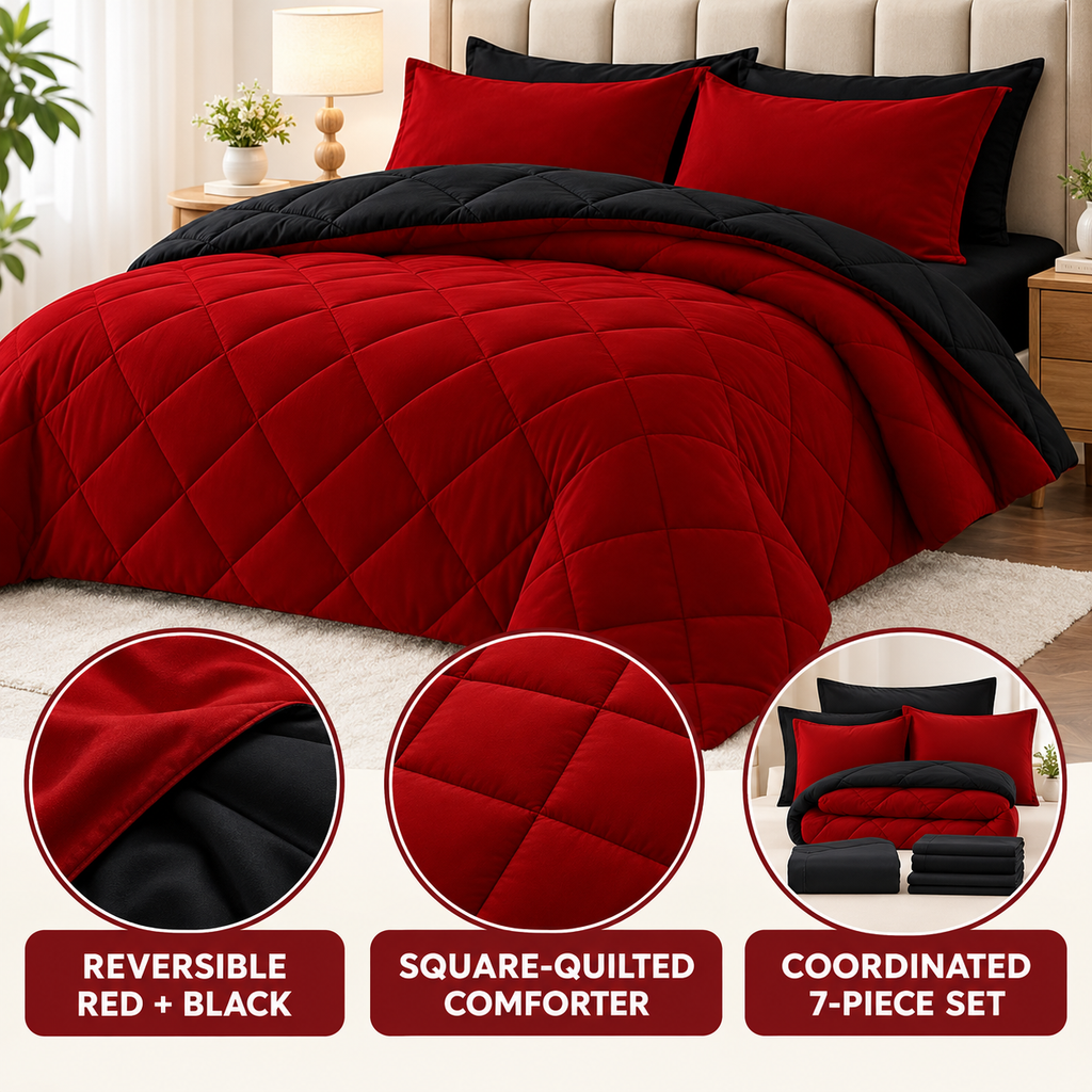 Red and black comforter showing reversible design, square quilting and coordinated 7-piece set