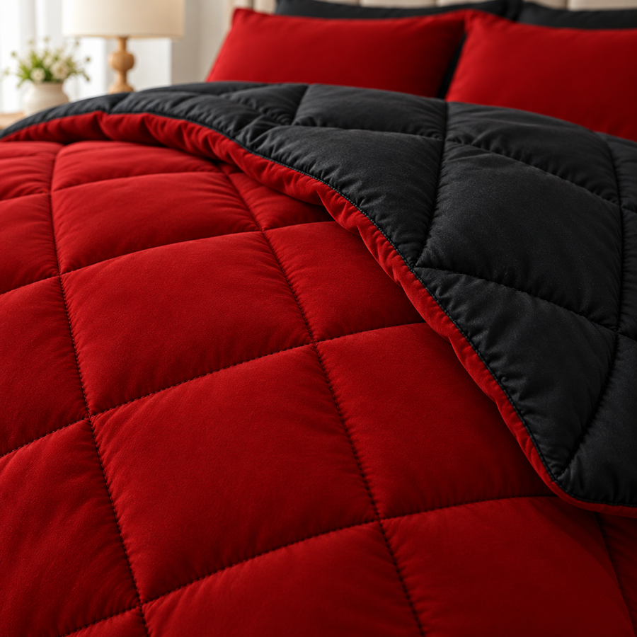 Close-up of red and black reversible comforter with square quilted stitching
